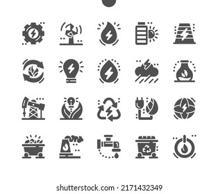 Erneuerbare Energien. Windenergie. Grüne Energie. Wasserkraft. Verarbeitung der natürlichen Ressourcen. Recycling. Vektor-Solid-Symbole. Einfaches Piktogramm