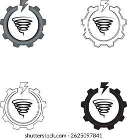 Ícone de energia eólica de energia renovável com engrenagem, raio e turbilhão de tornado em cores, contorno, preto e branco. Ideal para imagens ecológicas, industriais e de engenharia.