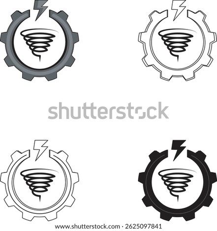 Renewable energy wind power icon featuring gear, lightning bolt, and tornado swirl in colored, outline, black, and white. Ideal for eco-friendly, industrial, and engineering visuals.