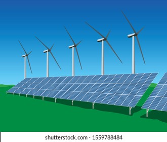 Renewable Energy Wind and Solar Power on Blue Sky