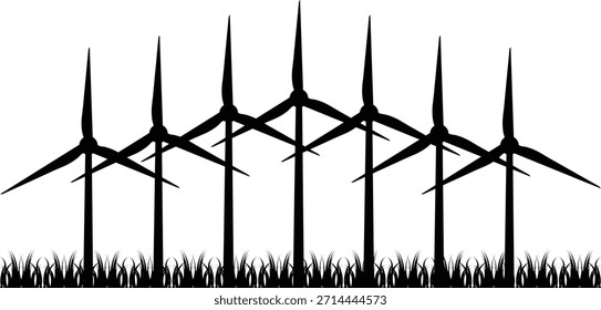 Renewable Energy Wind Turbine vector - Wind turbine farm landscape with clear sky. Black wind turbine silhouette icon set.
