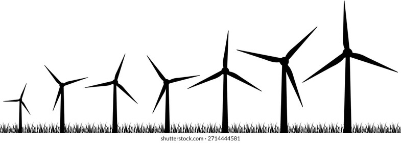 Renewable Energy Wind Turbine vector - Black wind turbine silhouette icon set.