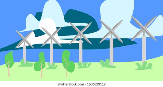 Renewable energy. Wind turbines generate electricity in nature.