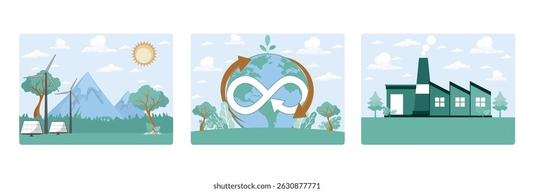 Renewable Energy with Wind Turbines and Solar Panels in Nature. Sustainability and ecological balance with the earth.  Environmentally conscious factory surrounded by greenery and clean skies.