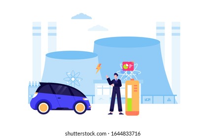 Ilustración de vectores de diseño plano de paneles solares nucleares de motor de energía renovable