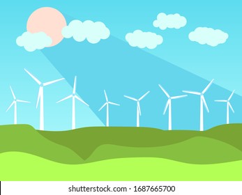 Renewable energy. Windmills and green fields landscape. Summer sunny weather. Wind generators green energy. Vector illustration