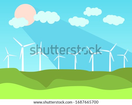 Renewable energy. Windmills and green fields landscape. Summer sunny weather. Wind generators green energy. Vector illustration