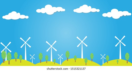 Renewable energy windmills Sky and clouds with mountains and trees.A panoramic view of wind turbines and nature with sky clouds background.