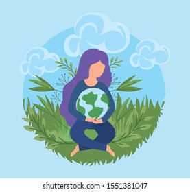 renewable energy, woman with planet earth vector illustration design