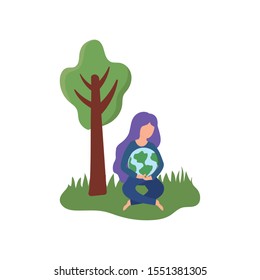 renewable energy, woman with planet earth vector illustration design