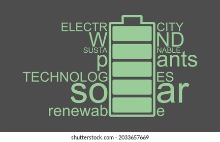 Las palabras de energía renovable se nublan con el icono de la batería. L