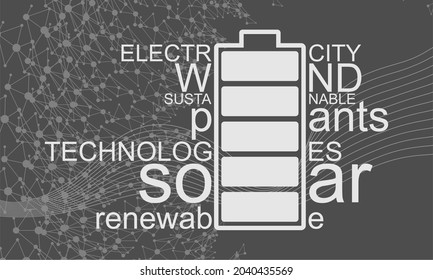 Renewable energy words cloud with battery icon. L