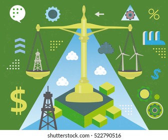 Renewable and fossil oil energy weighted in a balance, concept with infographics elements and grunge texture.
