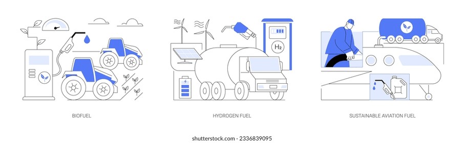 Combustible renovable: conjunto abstracto de ilustración vectorial conceptual. Biocombustible para tractores agrícolas, camiones llenos de combustible de hidrógeno, metáfora abstracta de estaciones de llenado respetuosas con el medio ambiente de la aviación sostenible.