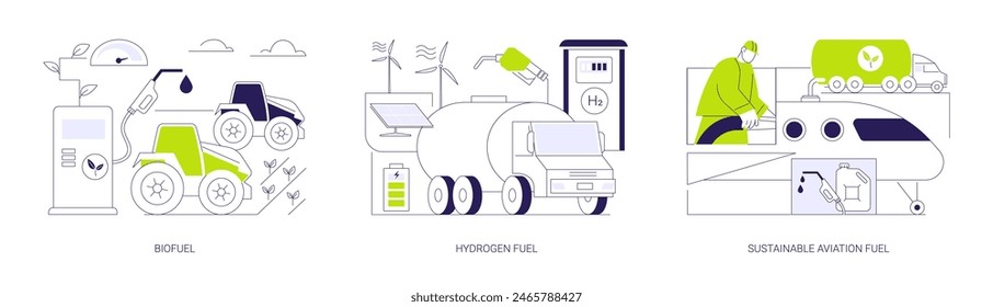 Conjunto de conceptos abstractos de Ilustración vectorial de combustibles renovables. Biocombustible para tractores agrícolas, camión lleno de combustible de hidrógeno, aviación sostenible respetuosa del medio ambiente estación de llenado metáfora abstracta.