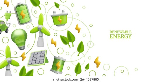 Renewable green energy 3D cartoon plastic style vector banner design. Volume solar panel, electric car, windmill. Render environmental symbols for eco-friendly, clean alternative power