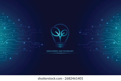 Renewable and green energy concept. Environment, Sustainable clean industrial factory, energy sources, green electricity with icons. Circuit blue board on black technology web banner background.