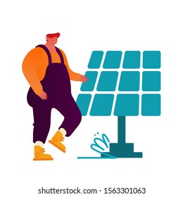 Concepto de energía verde renovable. Hombre en los overoles de trabajo está en el panel solar aislado en fondo blanco. Gente que usa el poder del sol para el desarrollo de electricidad limpia. Ilustración de vectores planos de dibujos animados