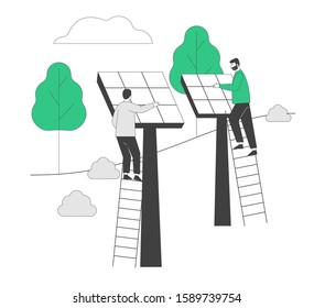 Renewable Green Energy Concept. Men Stand on Ladders Set Up Solar Panels. People Using Power of Sun for Clean Electricity Development. Environment Protection. Flat Vector Illustration, Line Art