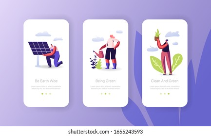 Renewable Green Energy, Eco Protection Mobile App Page Onboard Screen Set. Men Set Up Solar Panels. Women Grow Green Plants, Sun Power Concept for Website or Web Page. Cartoon Flat Vector Illustration