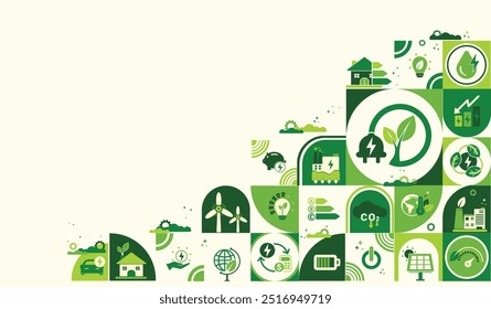 Energias renováveis e ecológicas, eficiência no consumo de energia e banner da web de economia de energia com ícones. Eco house, fábrica industrial sustentável. Classe de classificação de eficiência energética, Edifício Verde para o Desenvolvimento Sustentável. 