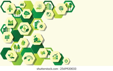 Renewable, green energy, energy efficiency and save energy web banner with icons. Eco house, Sustainable industrial factory. Energy efficient rating class, Green Building for Sustainable Development.