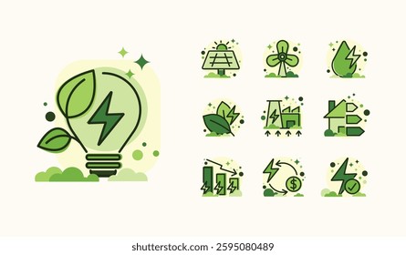 Renewable, green energy, energy efficiency and save energy web banner with icons. Eco house, Sustainable industrial factory. Energy efficient rating class, Green Building for Sustainable Development.