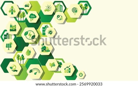 Renewable, green energy, energy efficiency and save energy web banner with icons. Eco house, Sustainable industrial factory. Energy efficient rating class, Green Building for Sustainable Development.