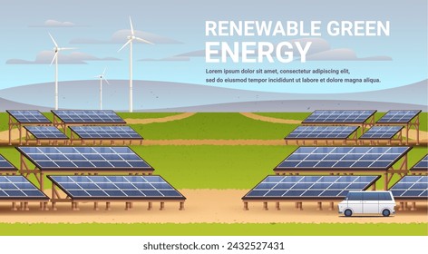 Renewable green energy flat illustration. Atmosphere landscape with solar panel and windmill