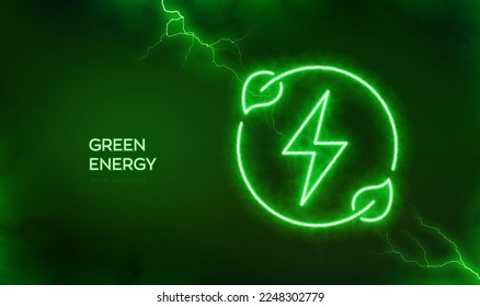 Renewable green energy icon. Clean alternative energy power technology concept. Icon with electrical energy glow effect. Lightning spark or electric discharge effects background. Vector illustration.