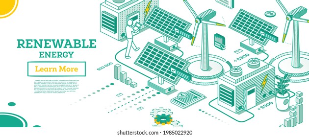 Renewable Green Energy Isometric Concept Isolated on White Background. Vector Illustration. Solar Panels and Wind Power Plants. Sustainable Ecological Power Generation of Clean Energy.