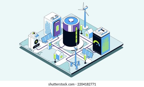 Renewable Green Energy Isometric Concept Isolated on White Background. Vector Illustration.