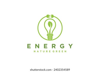 Renewable green energy light bulb logo, environmentally friendly power plant, power plug socket icon symbol.