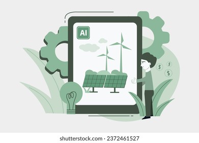 Renewable or green energy. Modern innovative technology using artificial intelligence to control power generation from solar panels and windmills. Sustainability and caring for nature.