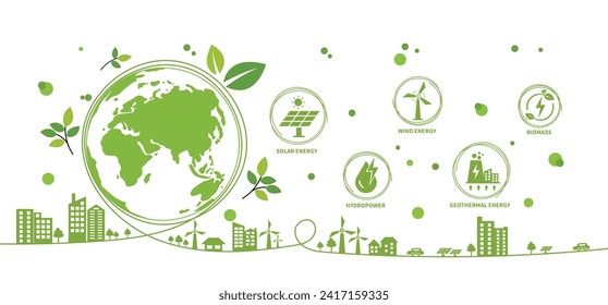 Renewable, green energy and save energy web banner. Ecology, Sustainable clean industrial factory, renewable energy sources and green electricity concept icons. Environment doodle flate design vector 