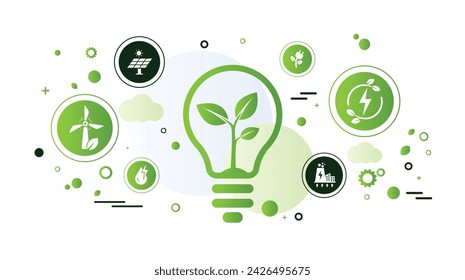 Banner web de energía renovable, verde y energía ahorrada. Ecología, Fábrica industrial limpia sostenible, fuentes de energía renovables e iconos de concepto de electricidad verde. Vector de diseño de placa de garabato