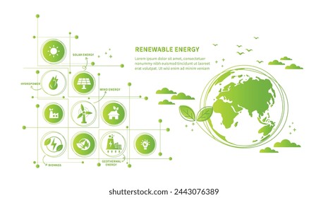 Erneuerbare, grüne Energie und sparen Energie Web-Banner. Ökologie, Nachhaltige saubere Industriefabrik, erneuerbare Energiequellen und Ökostrom-Konzept-Icons. Umwelt Doodle Flate Design Vektor