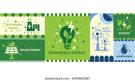 Renewable, green energy and save energy web banner. Ecology, Sustainable clean industrial factory, renewable energy sources and green electricity concept icons. Environment doodle flate design vector