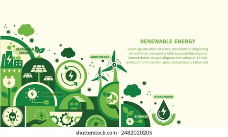 Renewable, green energy and save energy web banner. Ecology, Sustainable clean industrial factory, renewable energy sources and green electricity concept icons. Environment doodle flate design vector