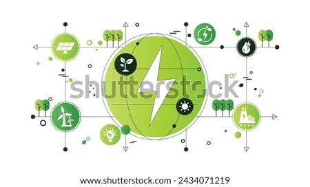 Renewable, green energy and save energy web banner. Ecology, Sustainable clean industrial factory, renewable energy sources and green electricity concept icons. Environment doodle flate design vector