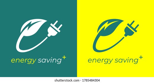 Renewable green energy saving logo icon. Abstract electrical charge bolt leaf and power plug sign. Sustainable eco electricity company symbol. Vector illustration.