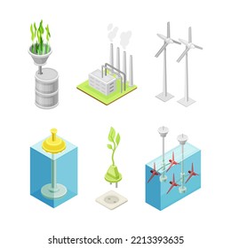 Renewable Green Energy Source With Biofuel, Plant, Wind Generator, Water Turbine And Hydrogen Fuel Isometric Vector Set