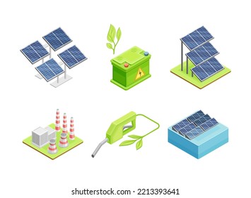 Renewable Green Energy Source with Electric Car Accumulator, Solar Panel Battery, Geothermal Power Station and Fuel Nozzle Isometric Vector Set