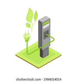 Erneuerbare grüne Energiequelle mit Stand für elektrische Autos mit Plug-Isometrische Vektorgrafik
