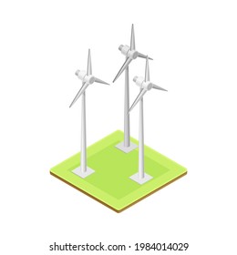 Renewable Green Energy Source with Wind Generator on Green Lawn Isometric Vector Illustration