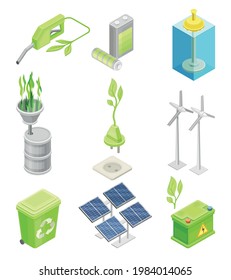 Renewable Green Energy Source with Wind Generator and Solar Panel Isometric Vector Set