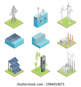 Renewable Green Energy Source with Wind Generator and Solar Panel Isometric Vector Set