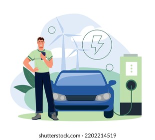 Fuentes de energía renovables o ecológicas. Un hombre reabastece su auto eléctrico en la estación de carga. Vehículos ecológicos. Reducir las emisiones y cuidar la naturaleza y el medio ambiente. Dibujo vectorial plano de dibujos animados