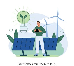 Renewable or green energy sources. Modern innovative technologies for generating electricity using solar panels and windmills. Sustainability and care for nature. Cartoon flat vector illustration