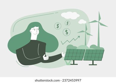 Renewable or green energy sources. Modern innovative technologies for generating electricity using solar panels and windmills. Sustainability and care for nature. 